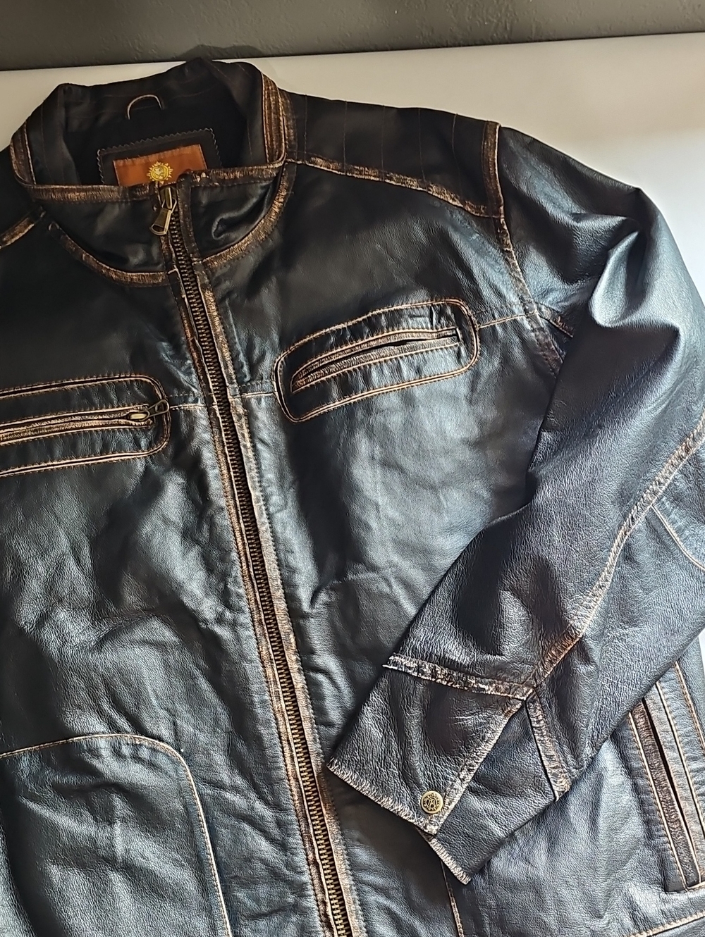 The Territory Ahead Black Brown-Trim Leather Bomber Jacket